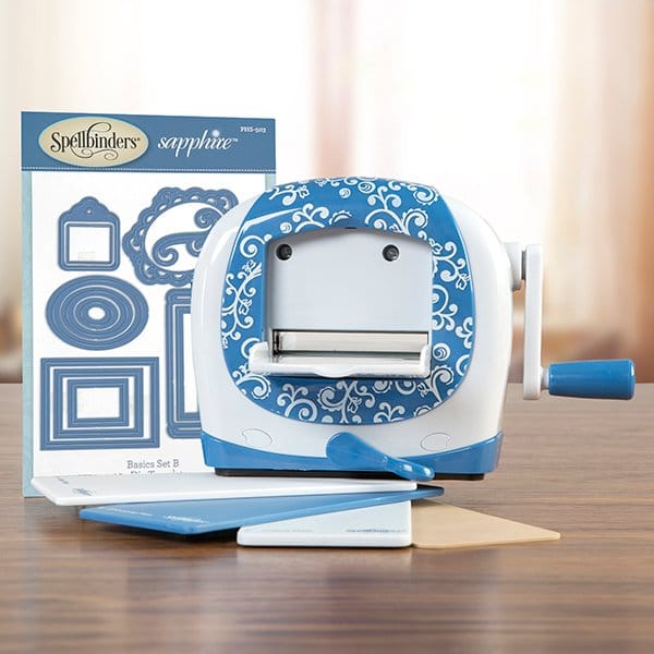 Spellbinders Sapphire portable machine Living Creatively with Fibro | An image of the Spellbinder's Sapphire portable machine with the accessories that came with it.