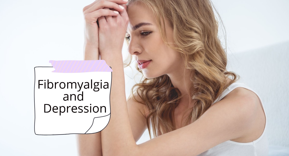 An image of a woman looking sad and the title Fibromyalgia and Depression written on paper and attached by washi tape