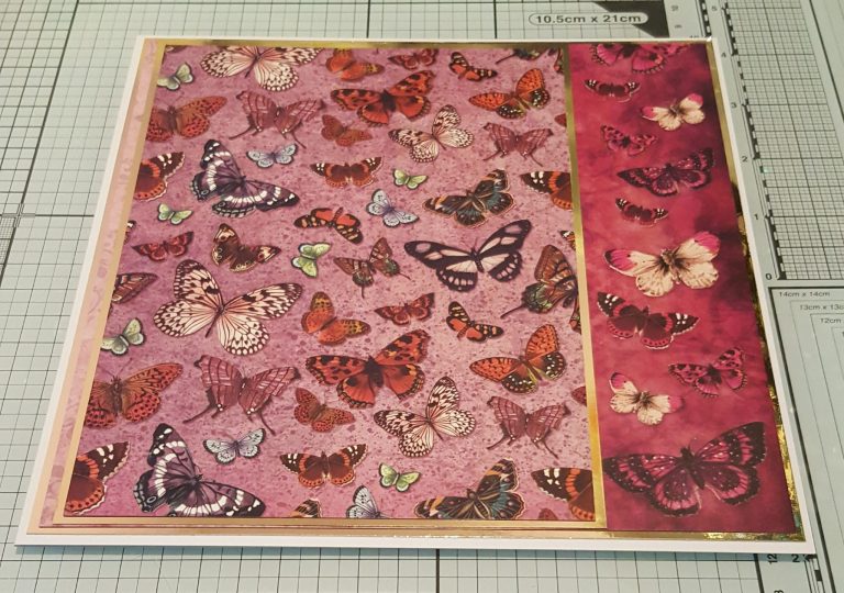Hunkydory Pink Sapphire Delight 2 Living Creatively with Fibro | Hunkydory Flight of the Butterfly Pink Sapphire Delight cardstock back layer and second mat layer both with gold mirror mats