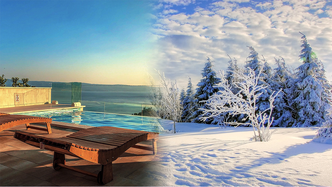 An image of a sunny day blended into an image of a snowy day