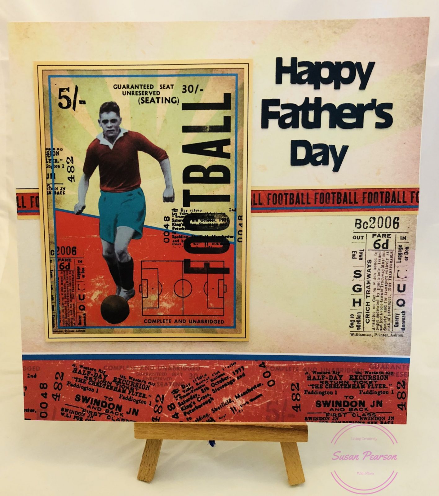 Father's Day 2018 Card for my Father in Law Living Creatively with Fibro | Father's Day 2018 Card for my father in law featuring a retro football design with a player and a pitch outline and a ticket description in old money