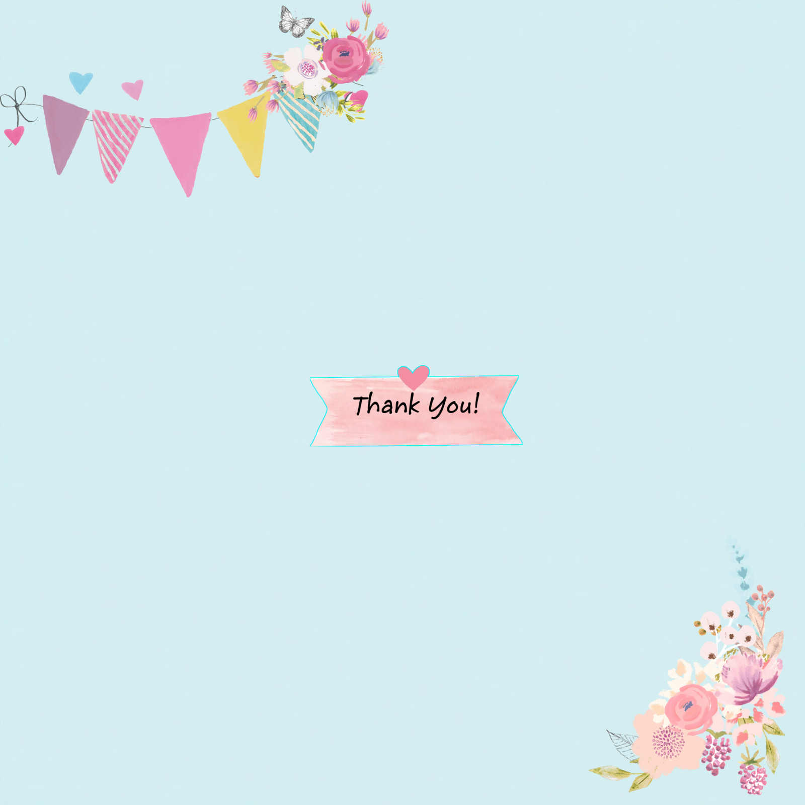 The Insert Living Creatively with Fibro | An image of the insert saying thank you on a label there is bunting at the top and flowers at the bottom that match the front of the card