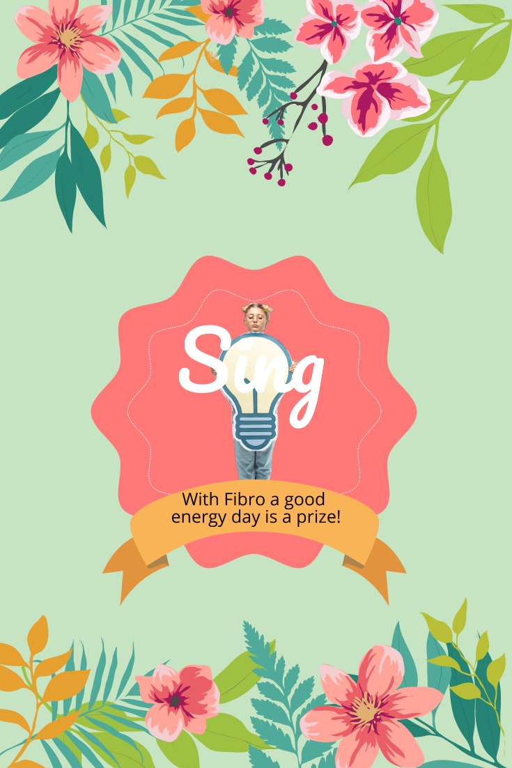 An image of a woman in a rosette holding a light bulb with the words with Fibro a good energy day is a prize