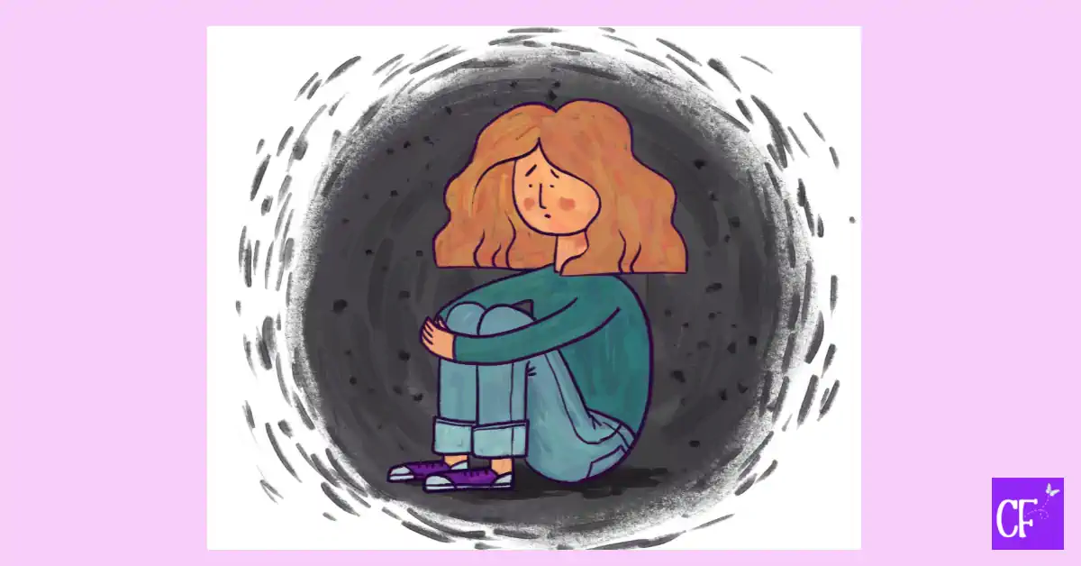 An illustration of a woman sat in a dark cave like she is living in a void.