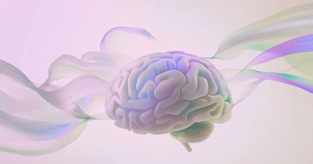 Ethereal 3D brain surrounded by swirling pastel ribbons in purple, blue and green – symbolising creativity, mental energy and the challenges of brain fog for those living with fibromyalgia.