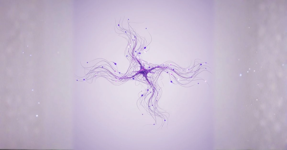Delicate 3D neural network with fine violet filaments and glowing indigo hotspots on a pale lavender background, symbolising fibromyalgia pain signals in a minimalist maximalist style.