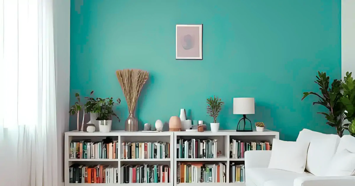 White bookshelf against teal wall, organised with colourful books, potted plants, vases, lamp, and dried grasses in a modern living room.