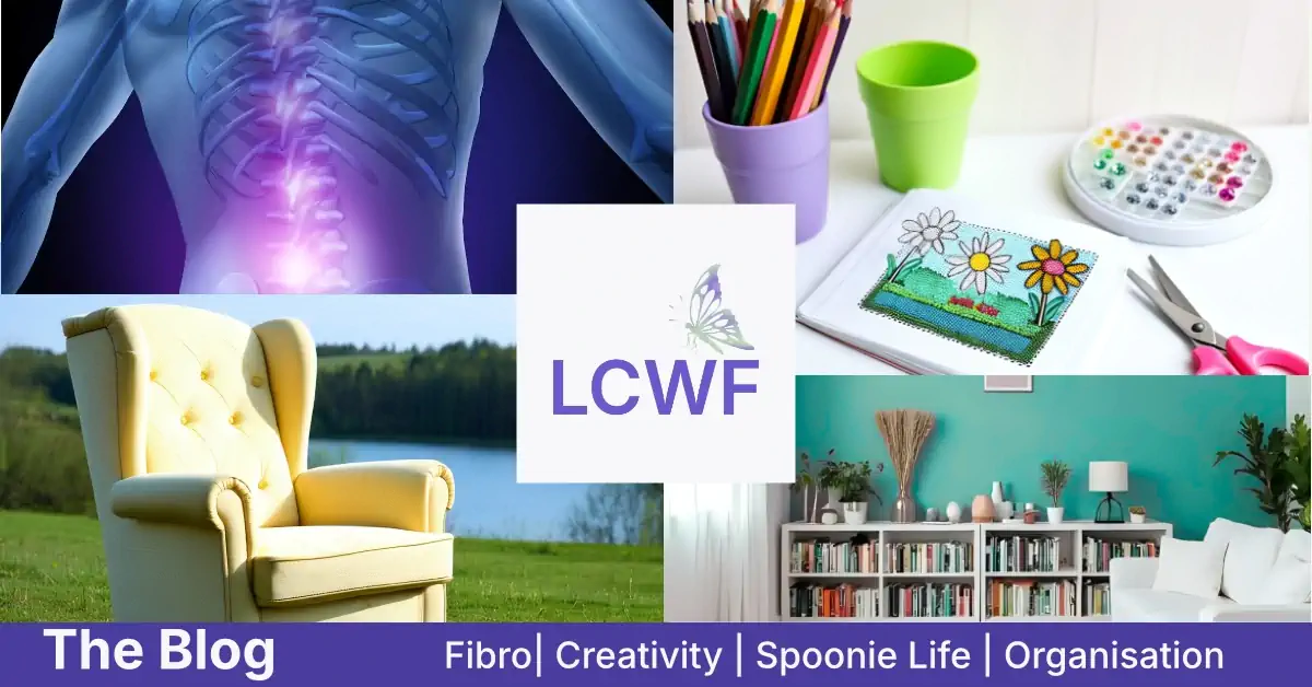 Montage of fibromyalgia pain points, craft desk, armchair in nature, and tidy storage – Living Creatively with Fibro blog.