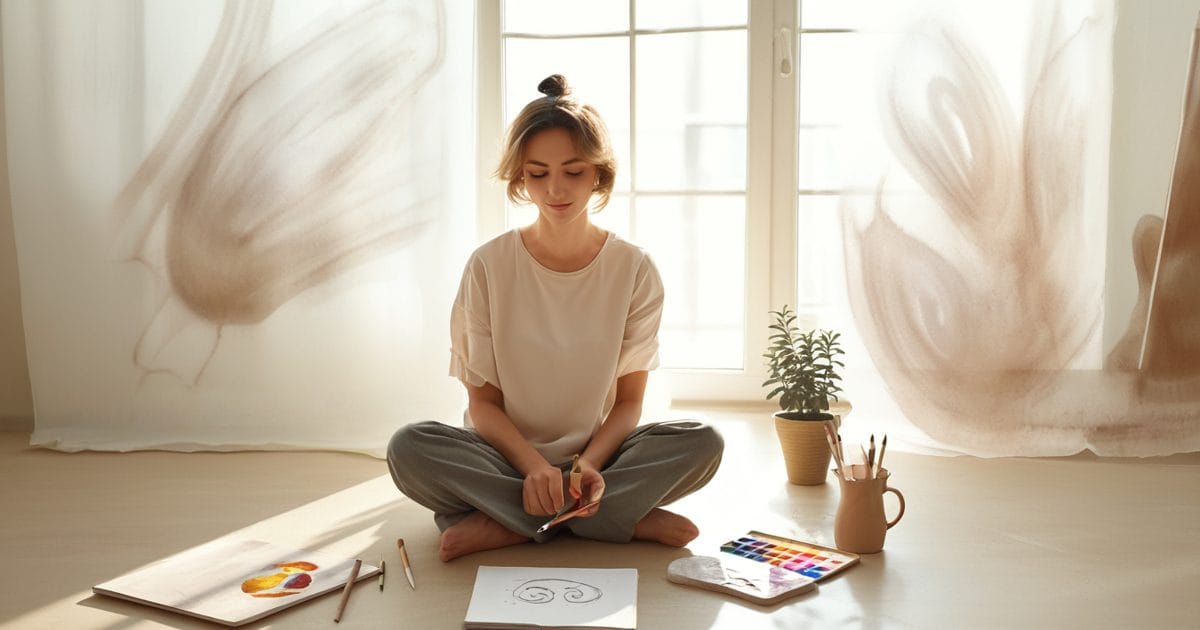 A woman sits cross-legged on the floor in soft sunlight, eyes closed, painting watercolours with brushes and palette nearby in a calm creative space.
