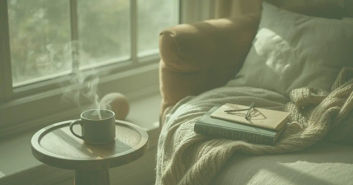 Steaming mug on wooden tray beside armchair with knit blanket, book, and glasses in sunlit window – perfect cosy spoonie retreat.